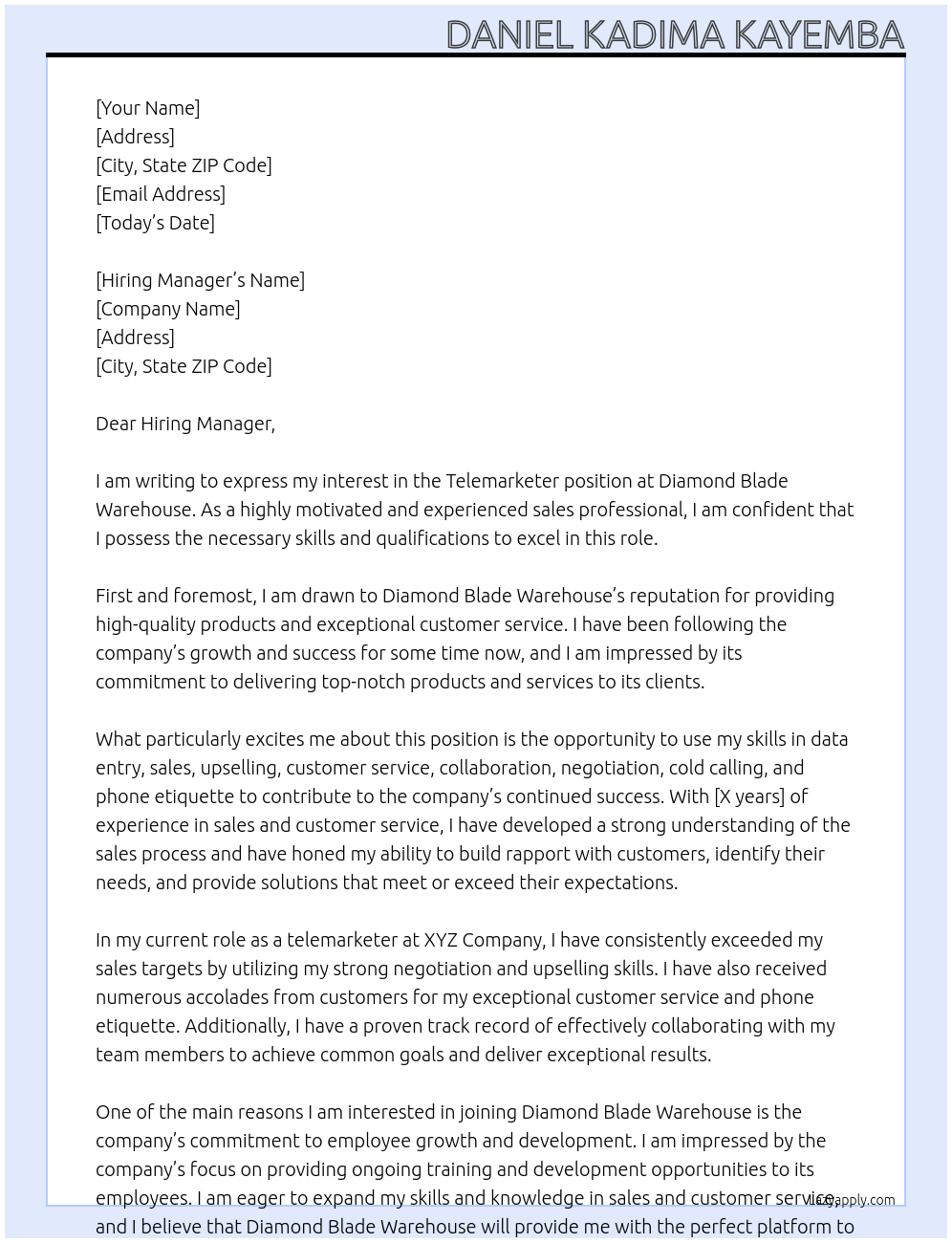 Telemarketer At Diamond Blade Warehouse Cover Letter