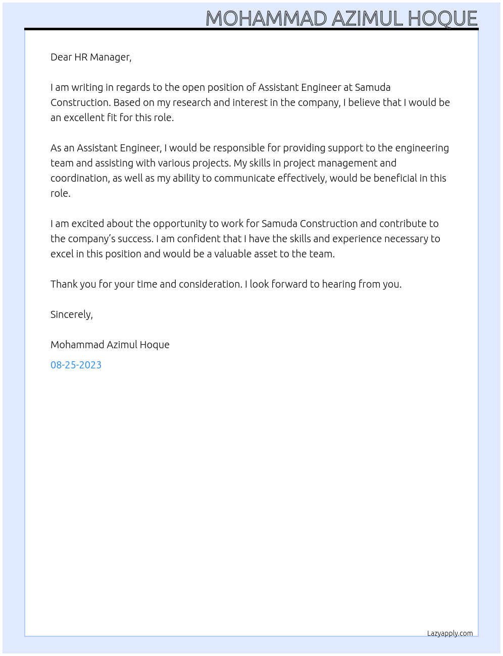 Assistant Engineer At Samuda Construction Cover Letter