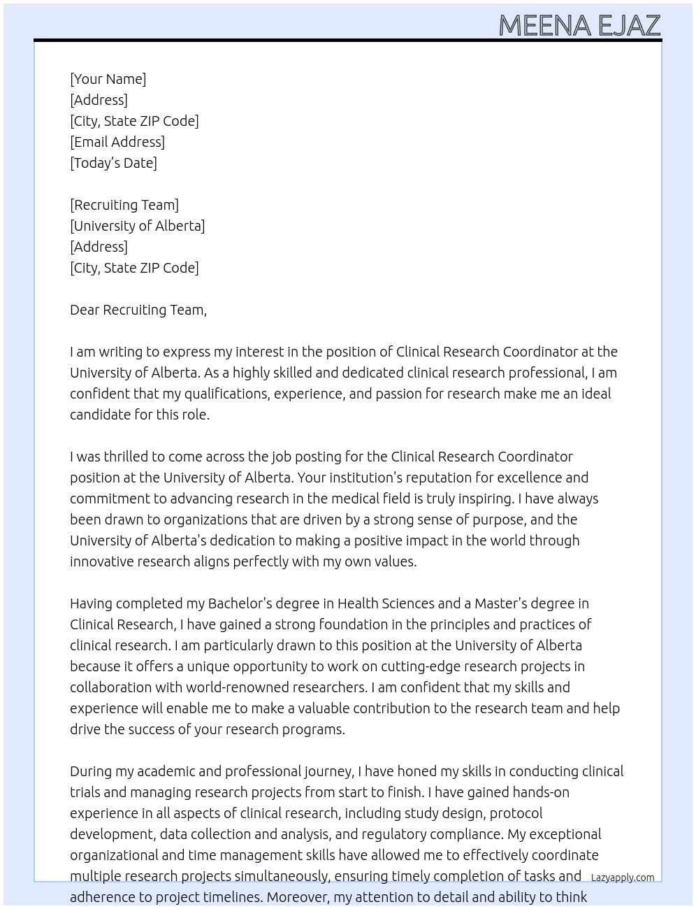 Clinical Research Coordinator At university of alberta Cover Letter