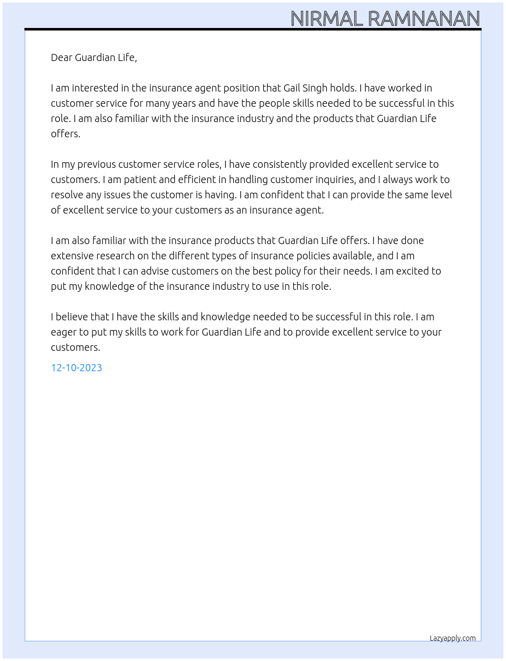 Insurance Agent At Guardian Life Cover Letter