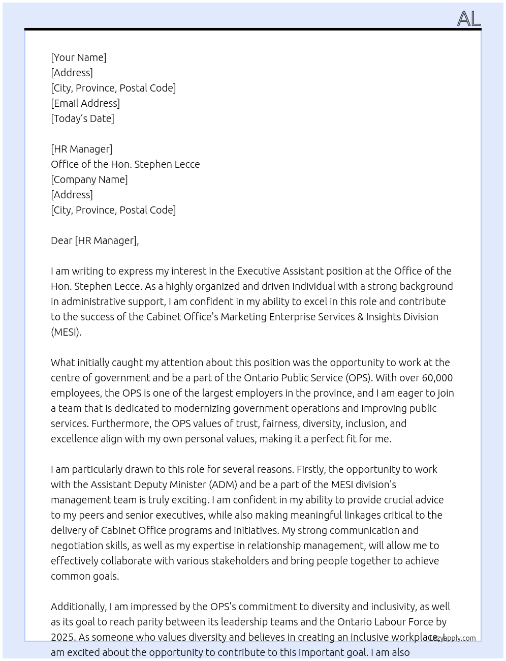 executive assistant At Office of the Hon. Stephen Lecce Cover Letter