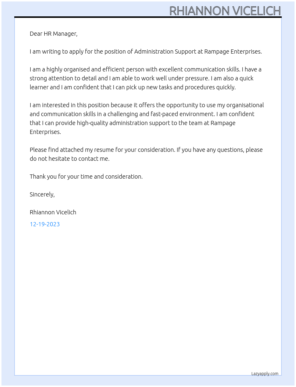 Administration Support At Rampage Enterprises Cover Letter