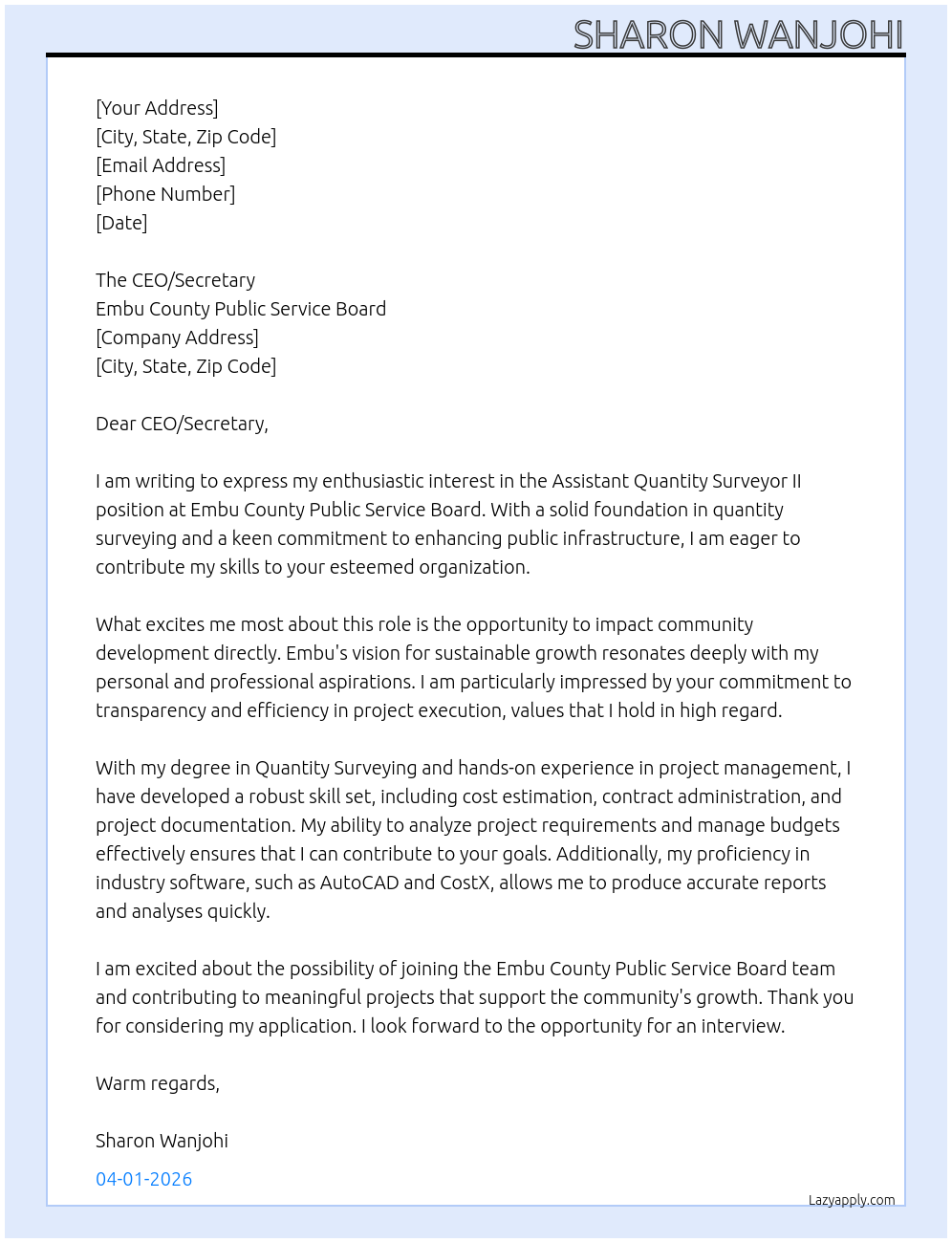 Cover letter for embu county public service board - LazyApply