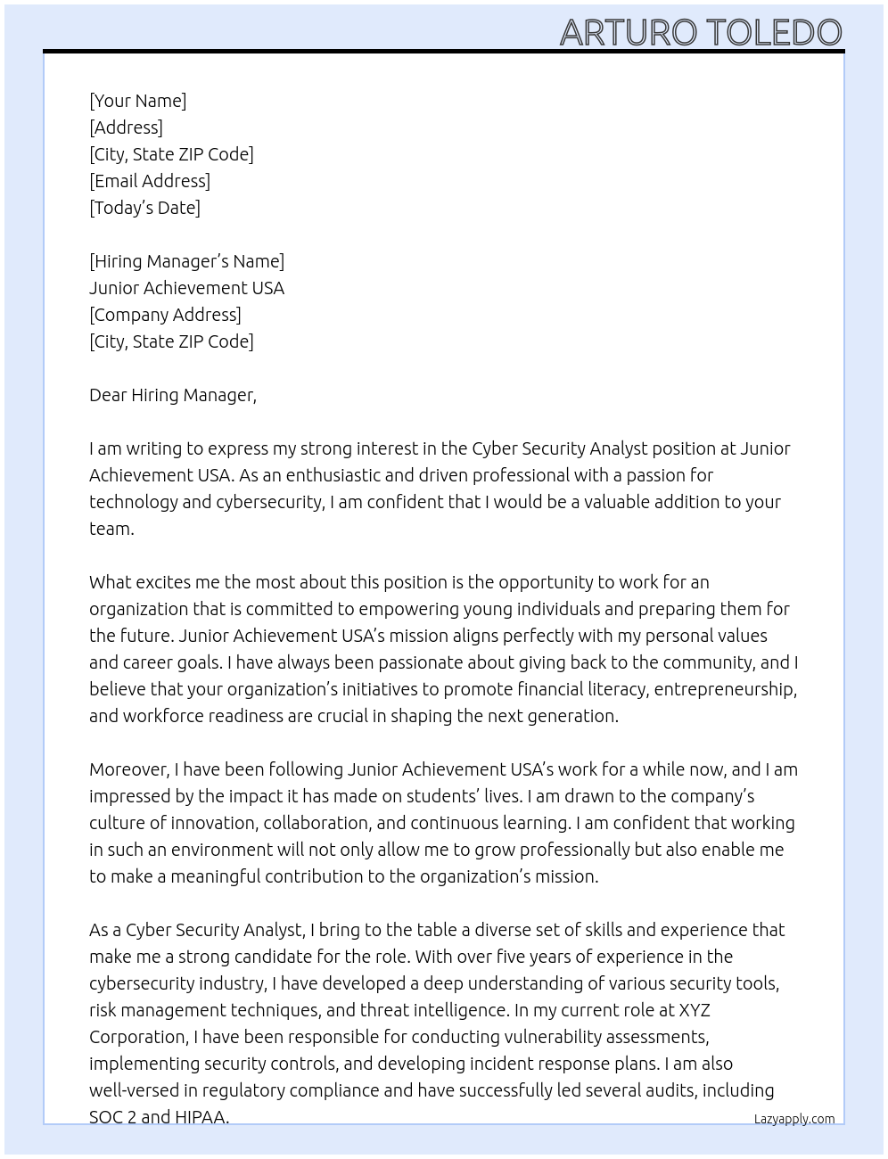 Cyber Security Analyst At Junior Achievement USA Cover Letter