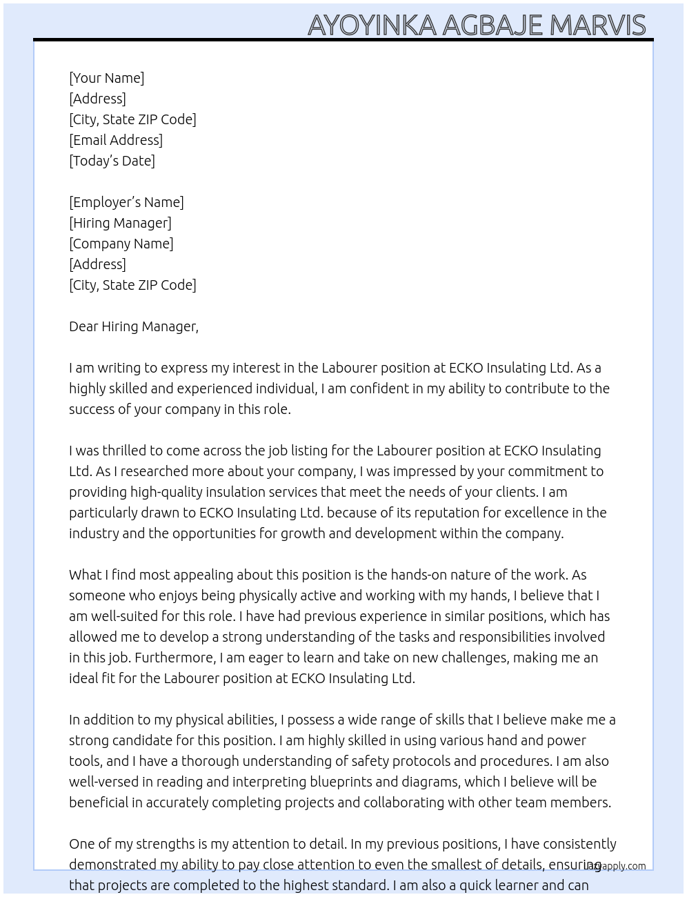 Labourer At ECKO Insulating Ltd. Cover Letter