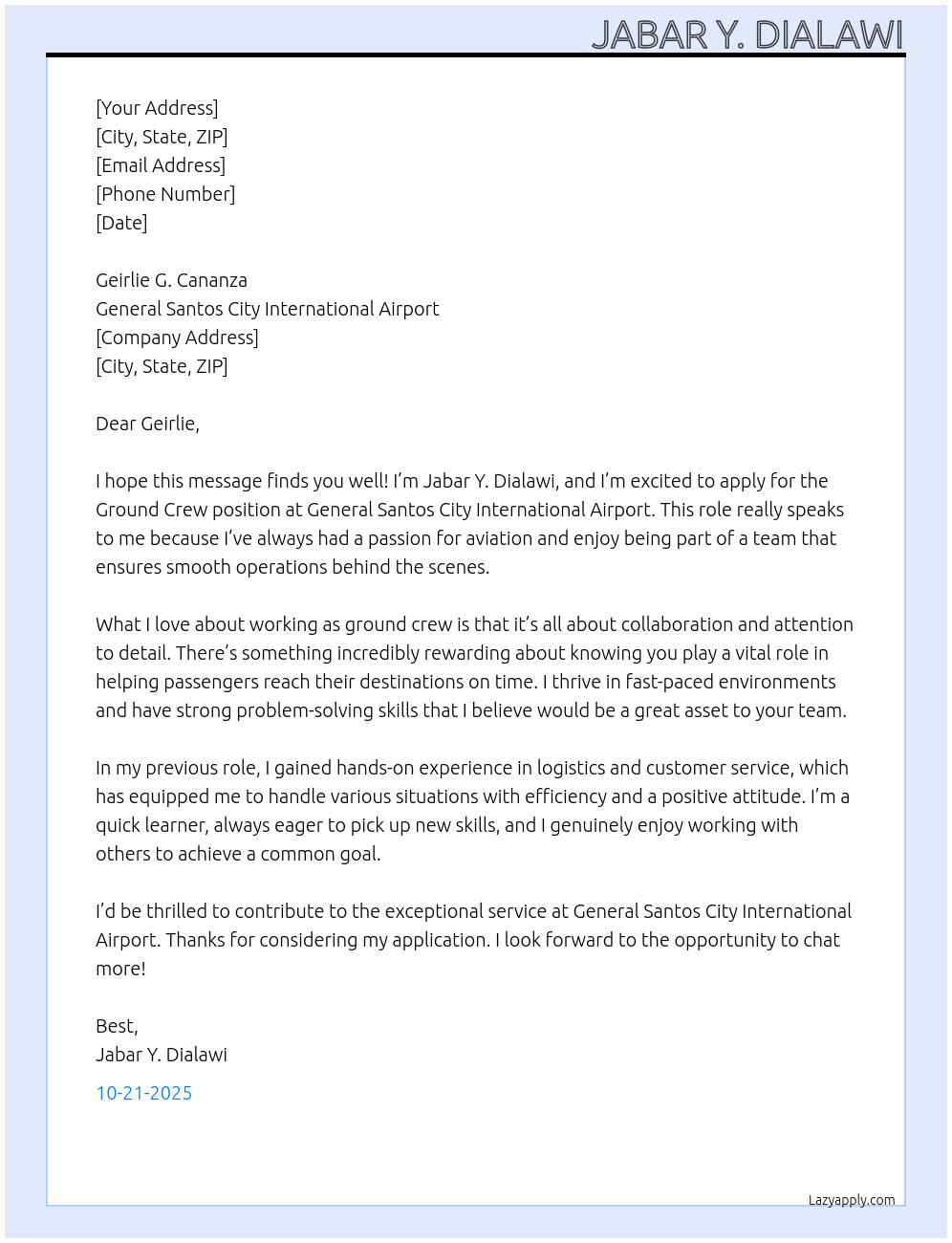 Ground crew At General Santos City International Airport Cover Letter