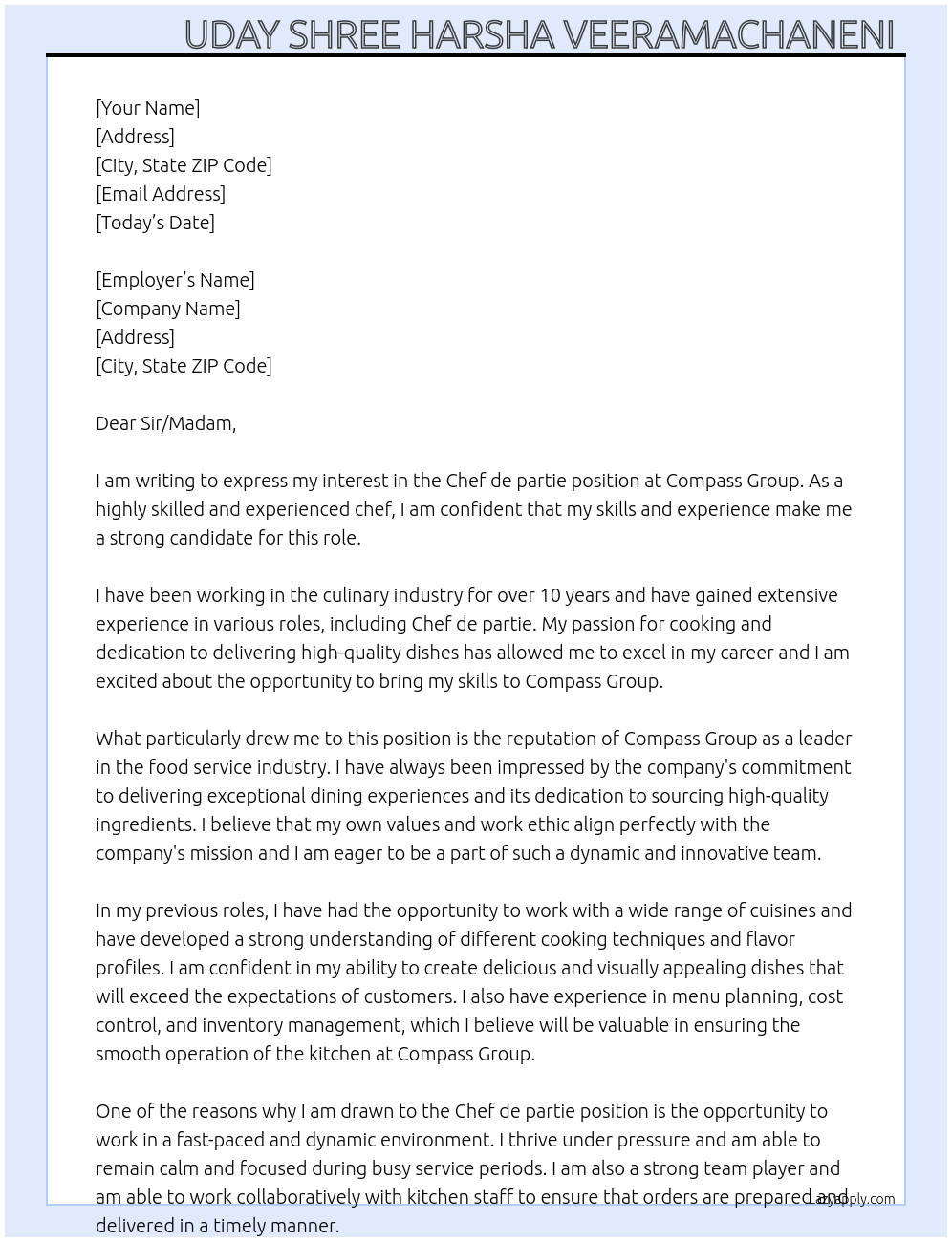 Chef de partie At Compass group Cover Letter