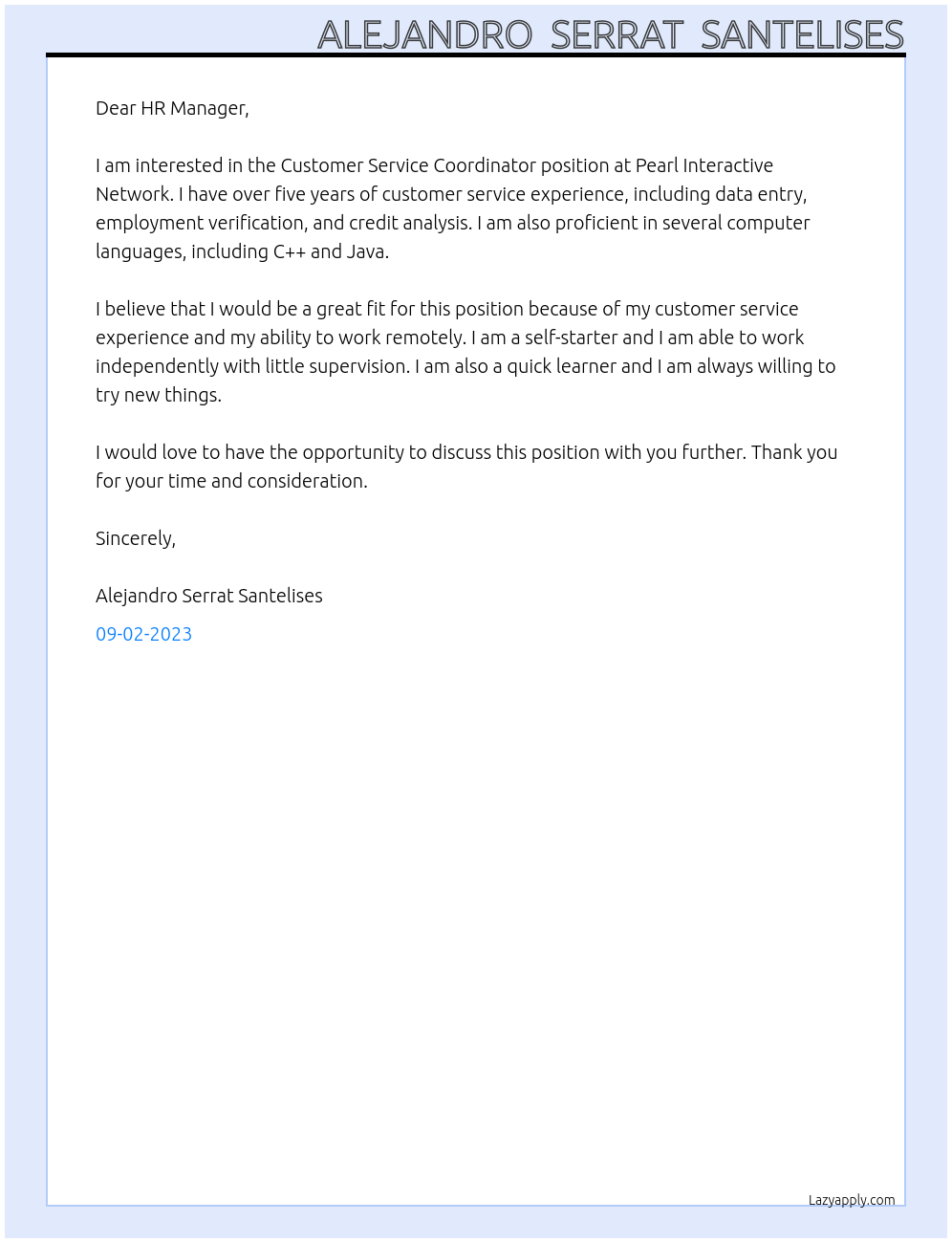 Customer Service Coordinator At Pearl Interactive Network Cover Letter