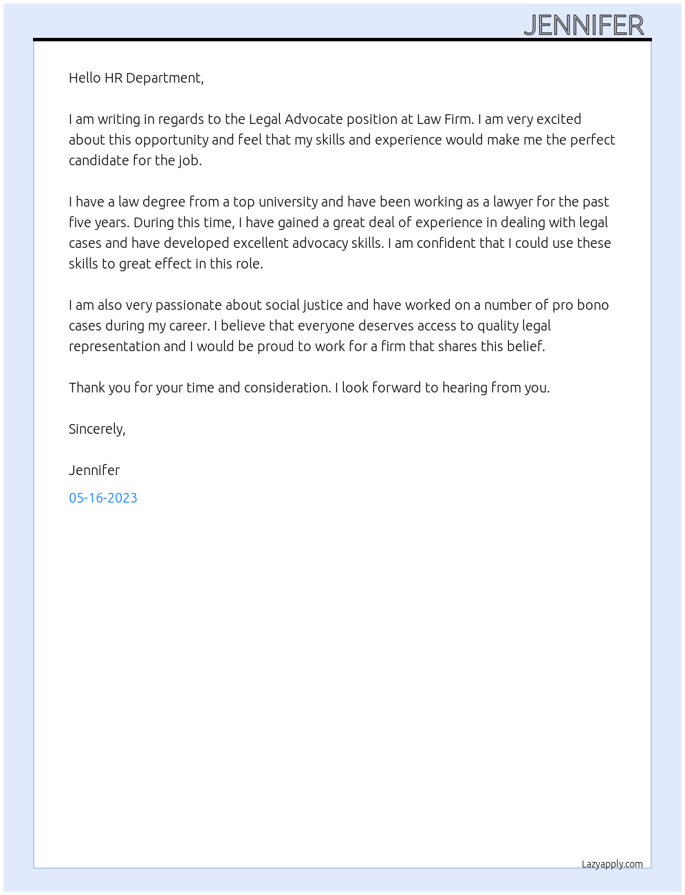 Legal Advocate At Law Firm Cover Letter