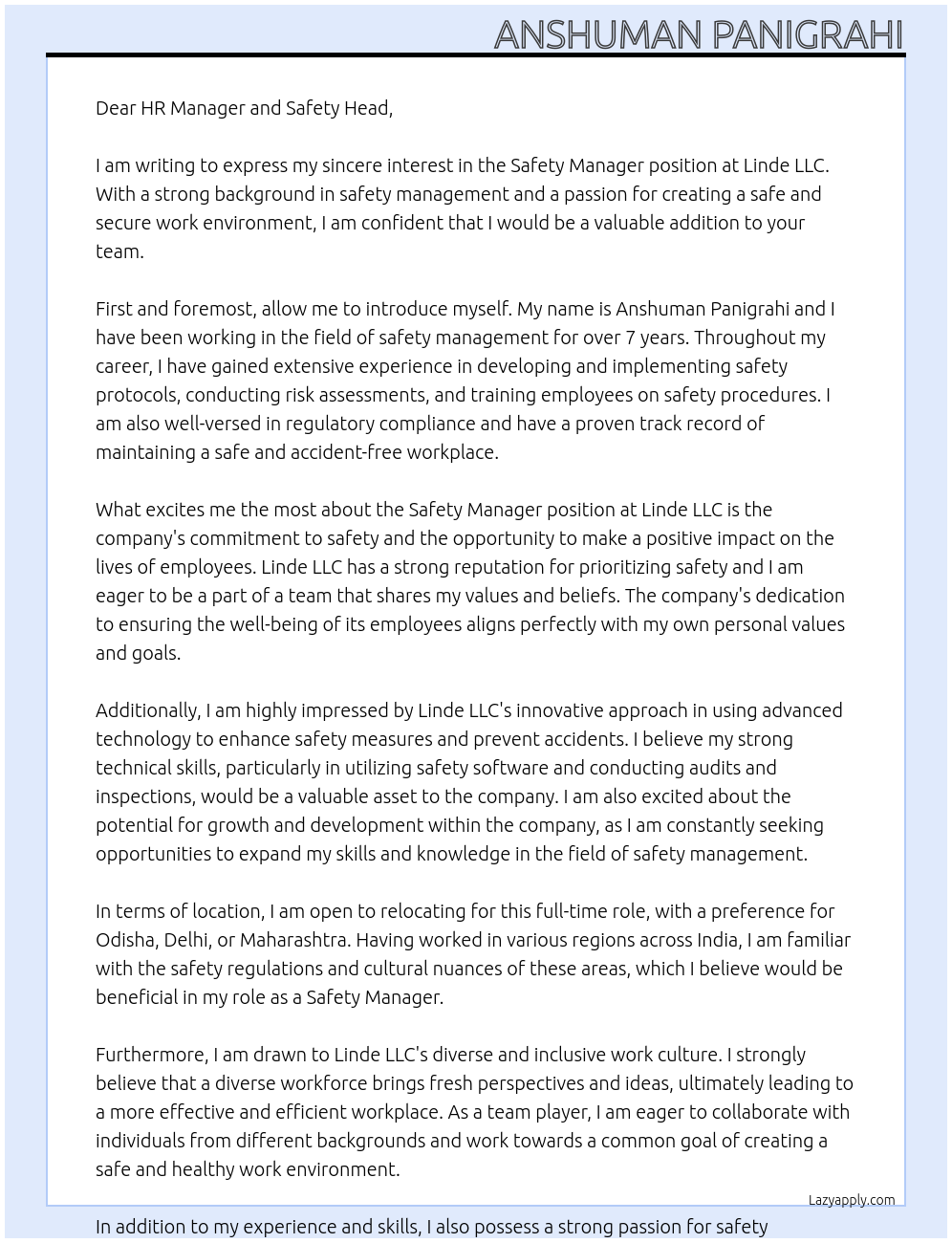 Safety Manager At Linde LLC Cover Letter