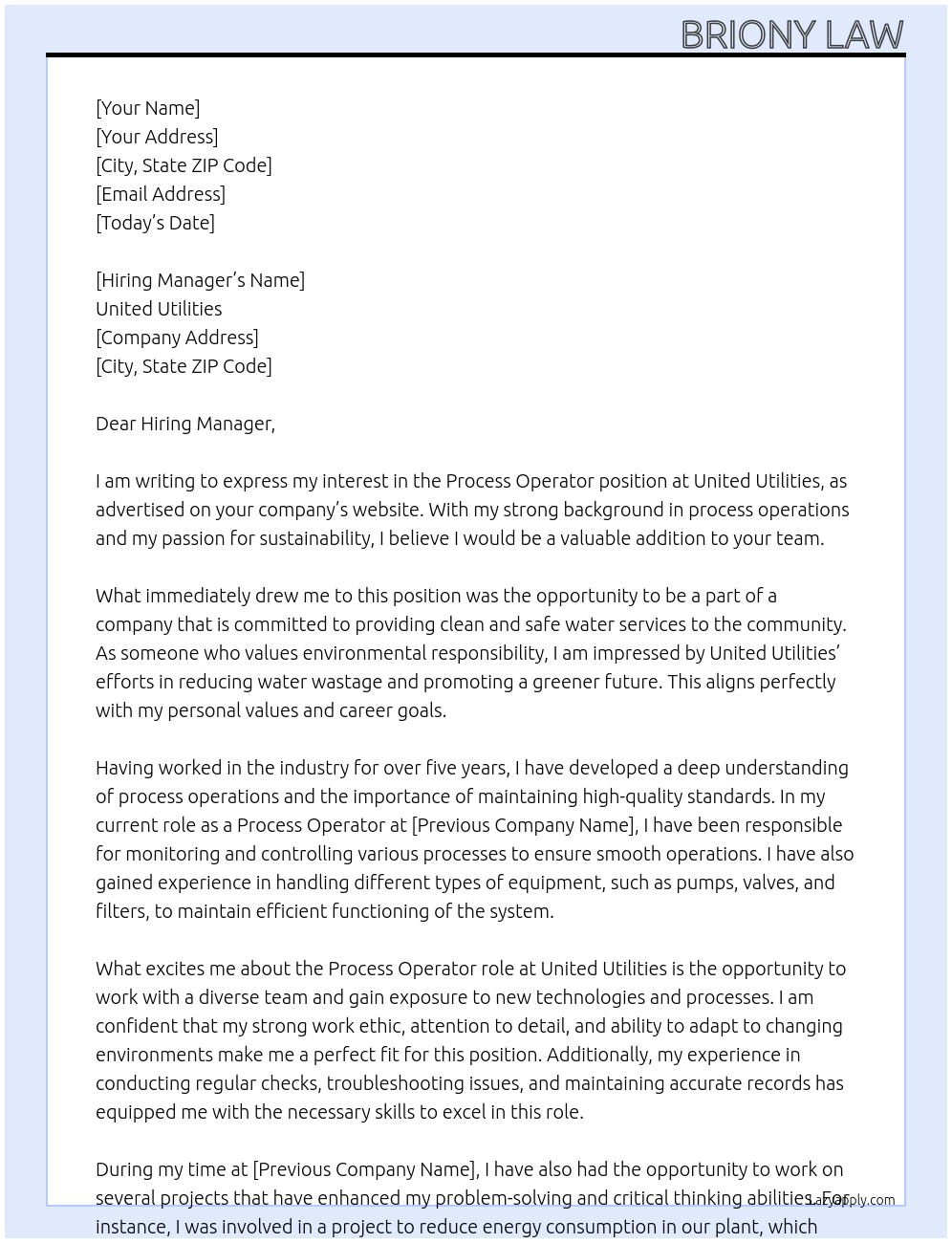 Process Operator At United Utilities Cover Letter