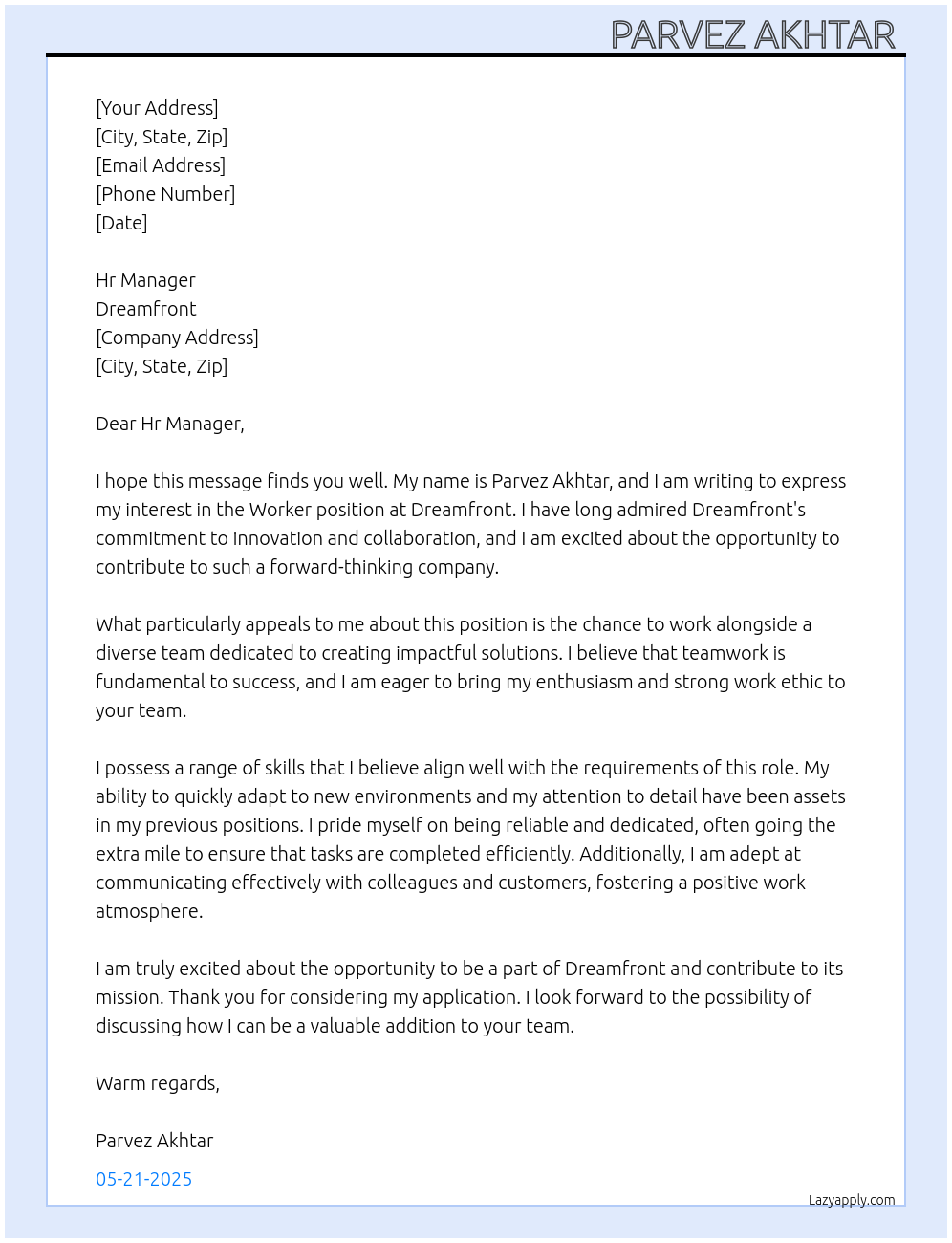 Worker At Dreamfront Cover Letter