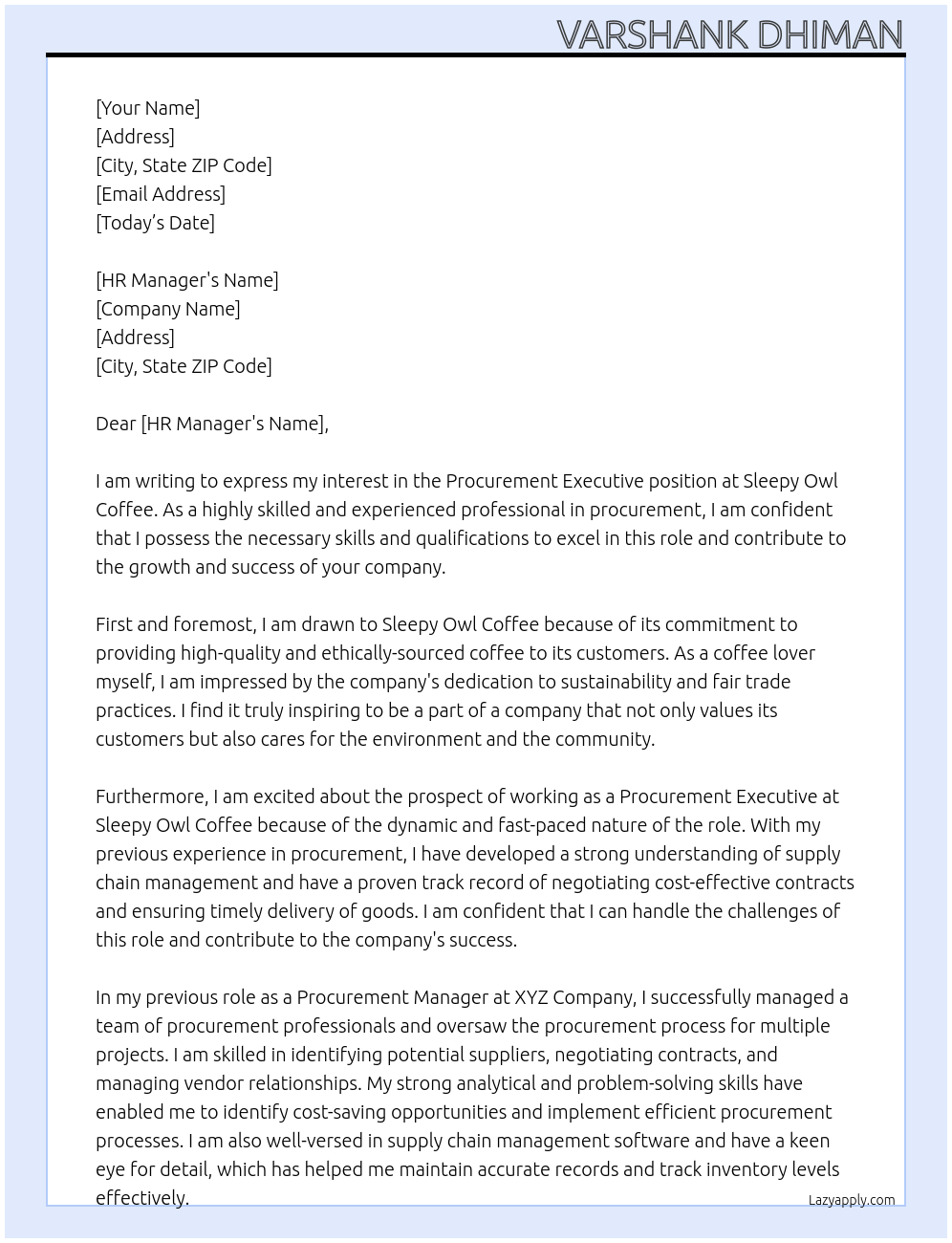 Procurement Executive At Sleepy Owl Coffee Cover Letter