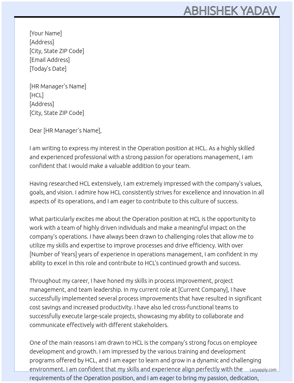 Operation At HCL Cover Letter