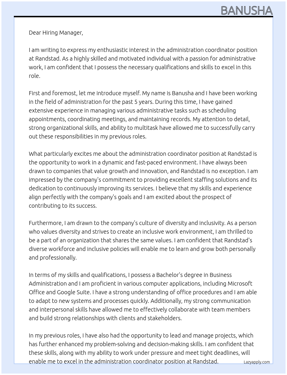 administration coordinator At randstad Cover Letter