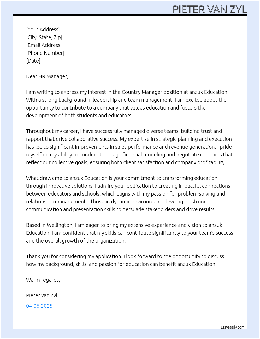 Country Manager At anzuk Education Cover Letter