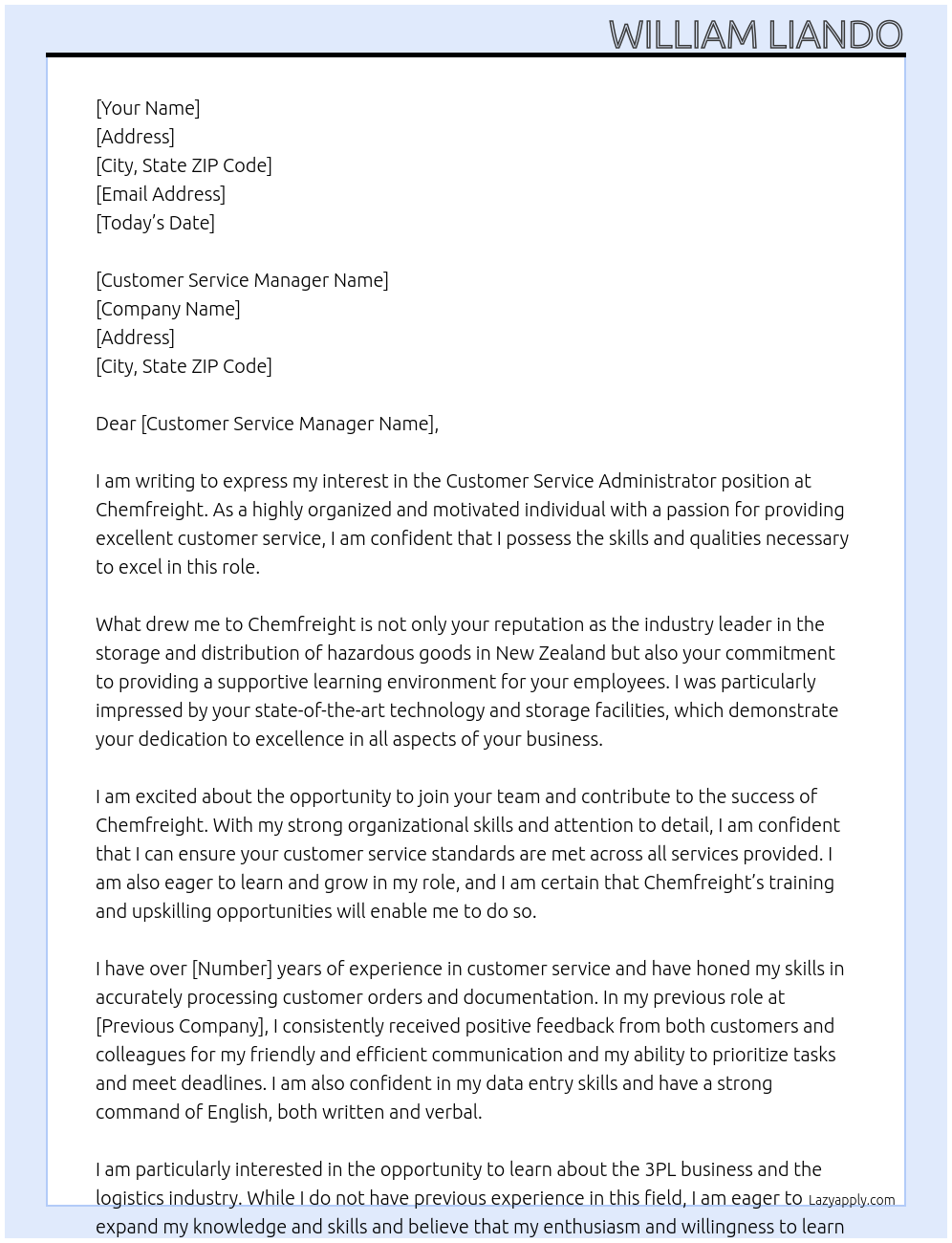 Customer Service Administrator At Chemfreight Cover Letter