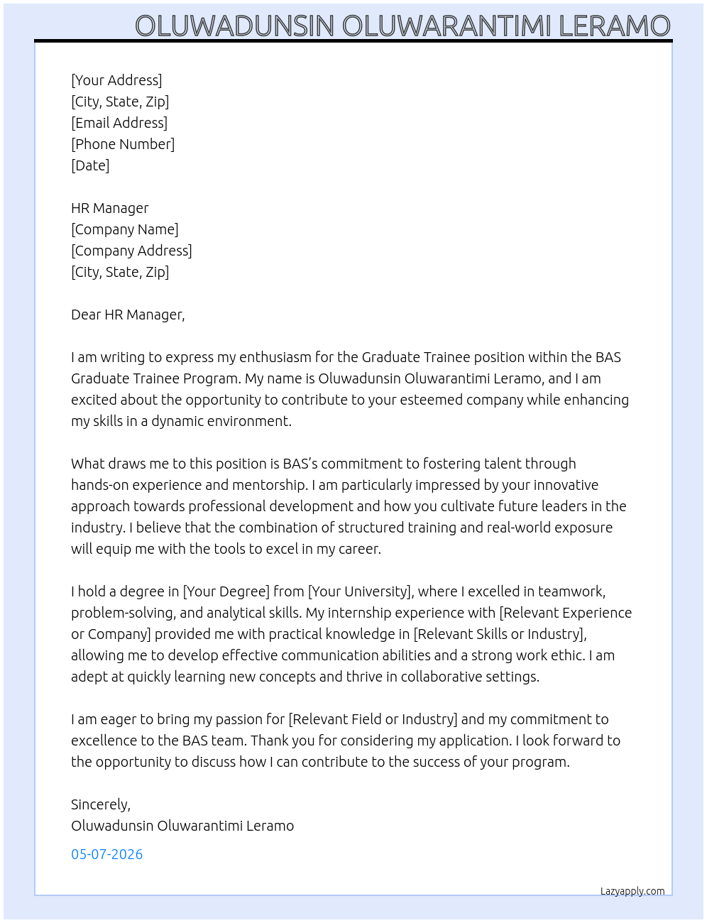 Graduate trainee At bas graduate trainee program Cover Letter
