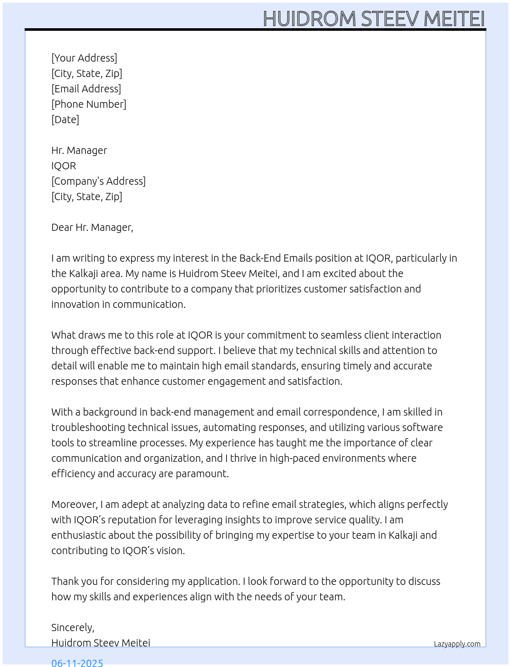 BACK-END-EMAILS At IQOR Cover Letter