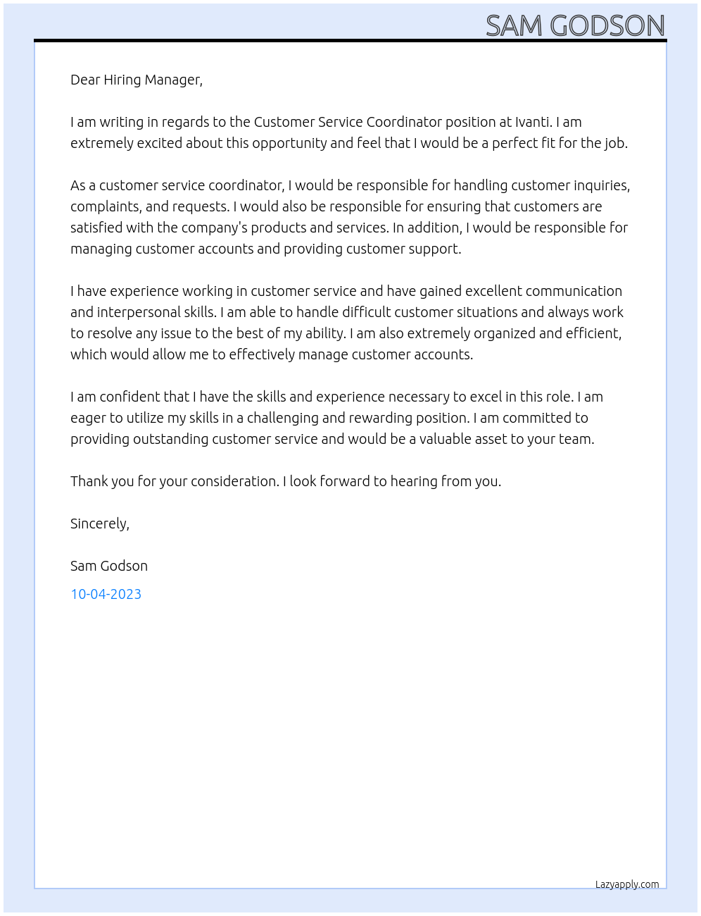 Customer Service Coordinator At Ivanti Cover Letter