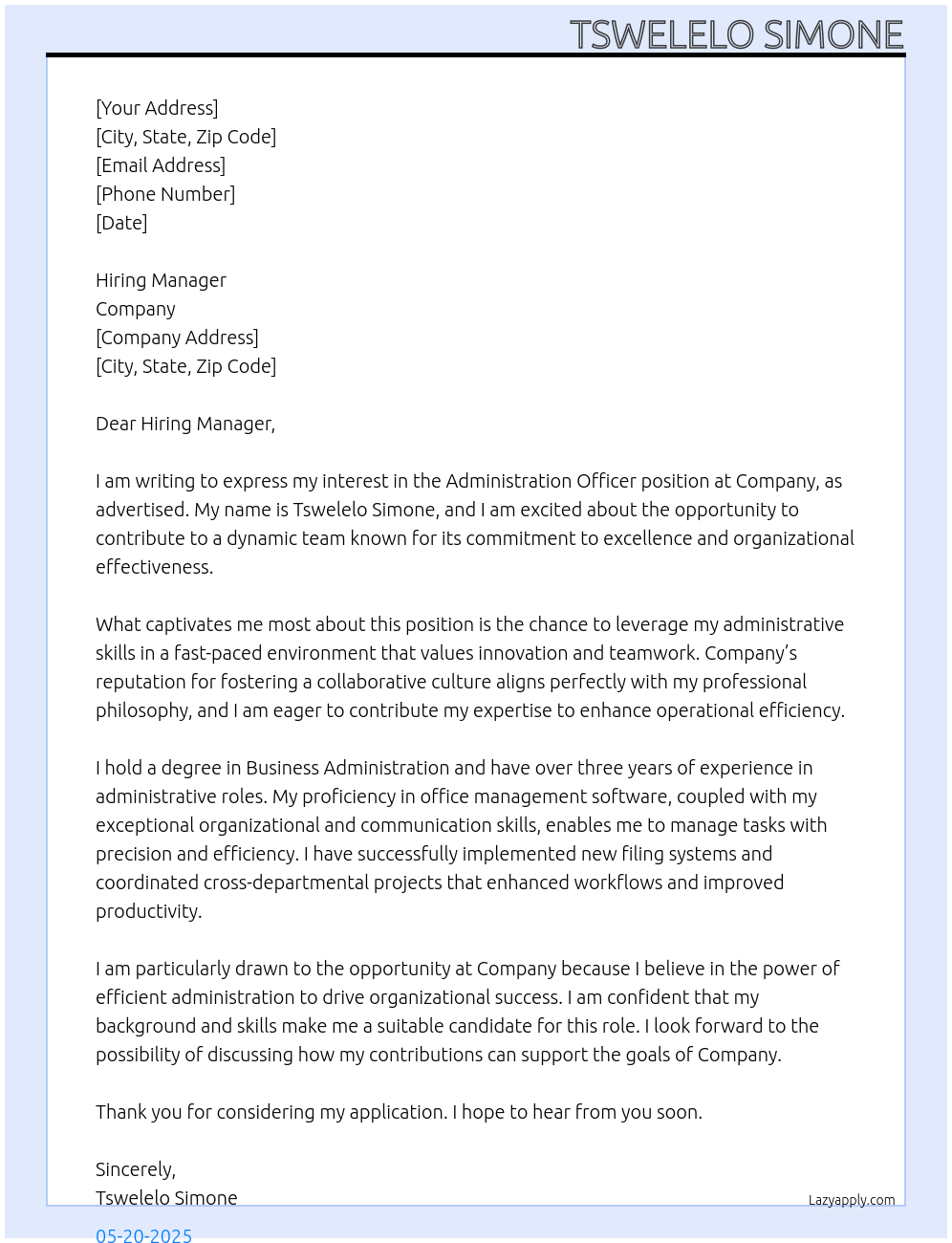 Administration officer At company Cover Letter