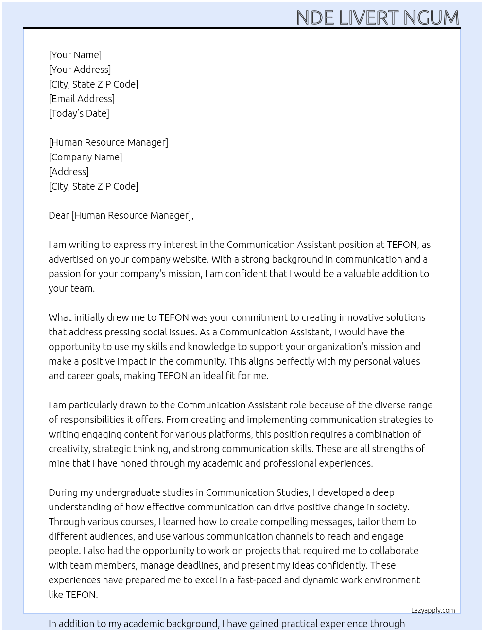 Communication Assistant At TEFON Cover Letter