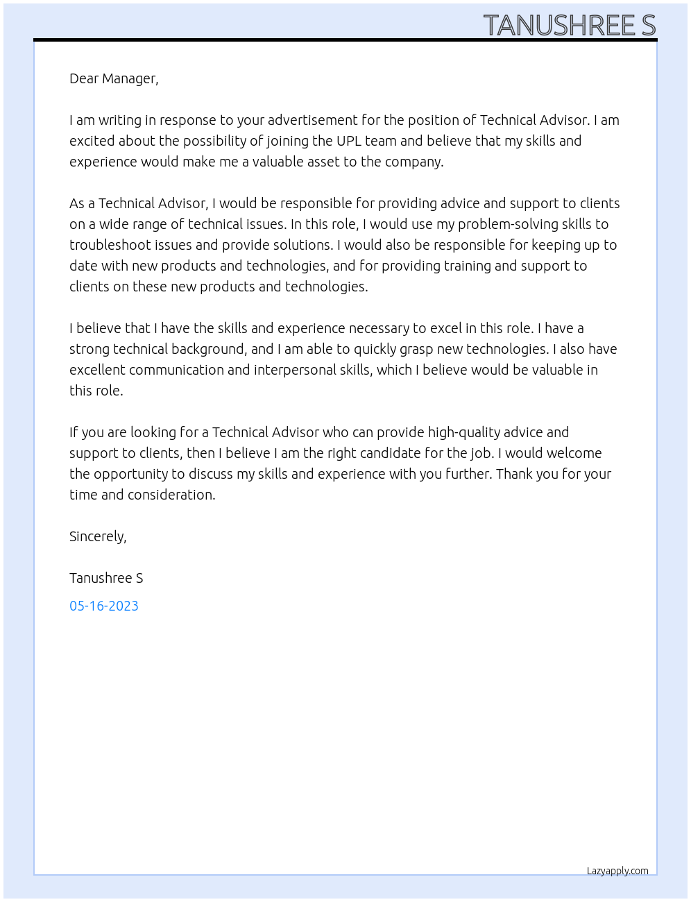 Technical advisor At UPL Cover Letter