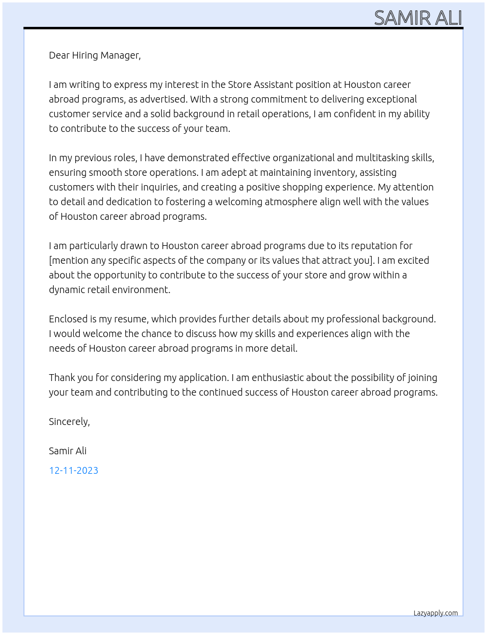 Store assistant At Houston career abroad programs Cover Letter