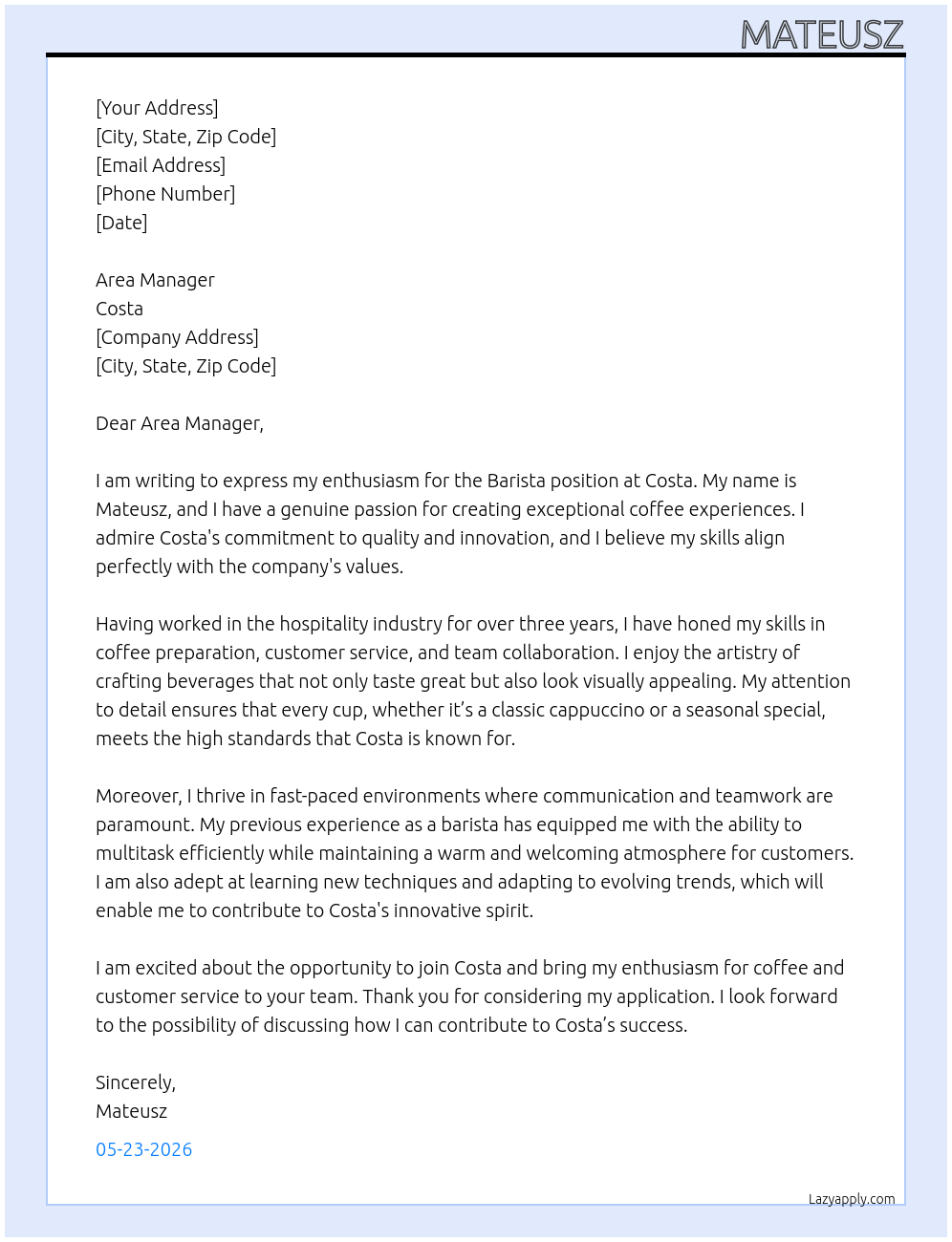 Barista At Costa Cover Letter