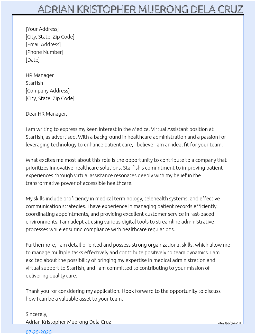 Medical Virtual Assistant At Starfish Cover Letter