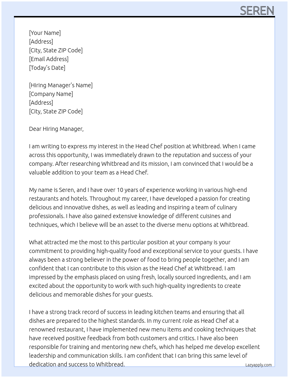 Head Chef At Whitbread Cover Letter