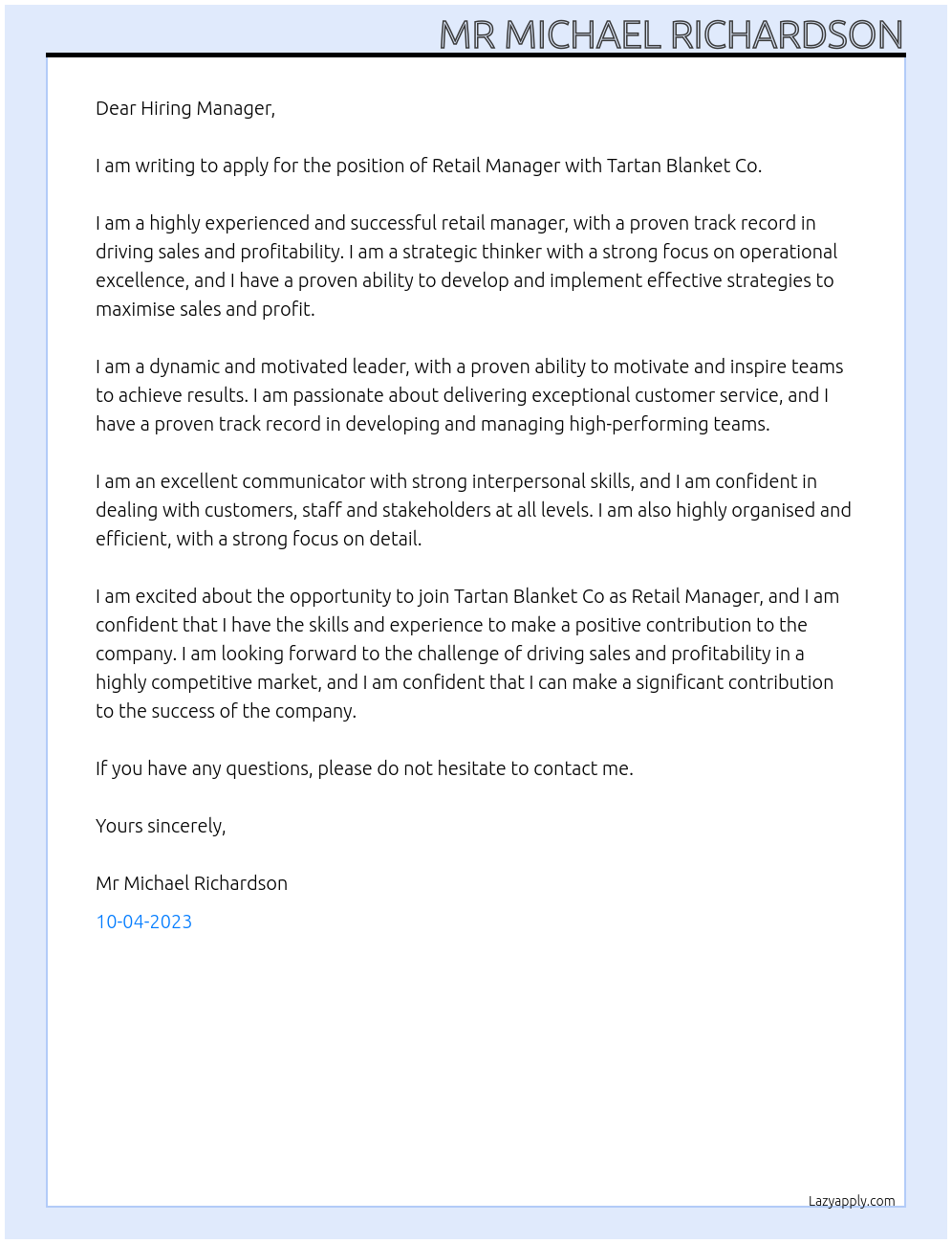 Retail Manager At Tartan Blanket Co Cover Letter