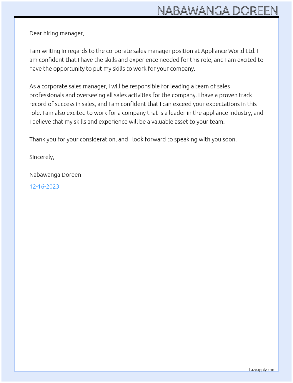 Corporate sales manager  At Appliance world ltd Cover Letter