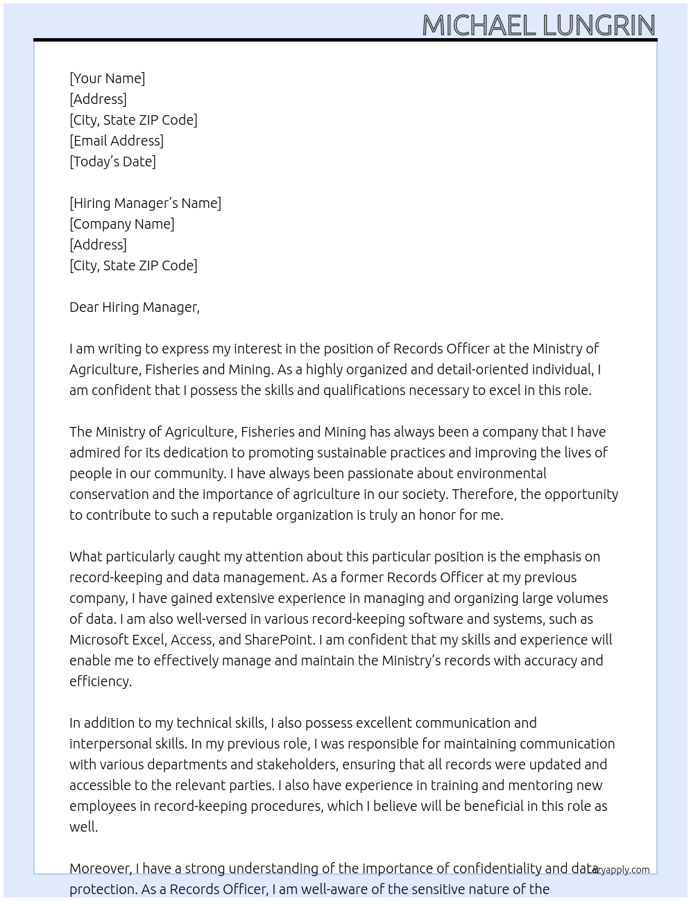 Records Officer At Ministry of Agriculture, Fisheries and Mining Cover Letter