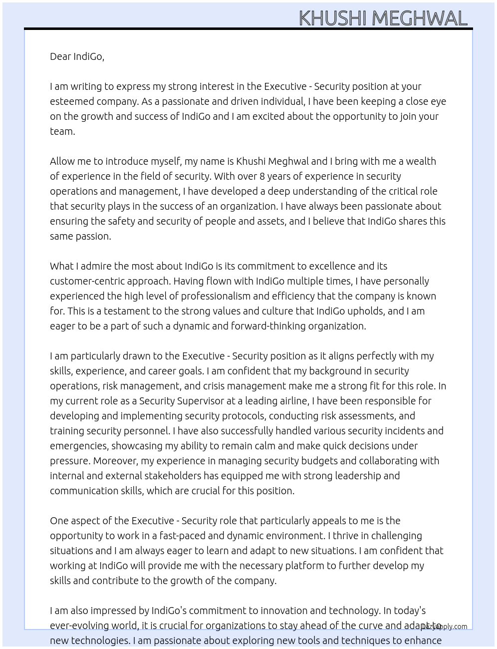 Executive - security At IndiGo Cover Letter