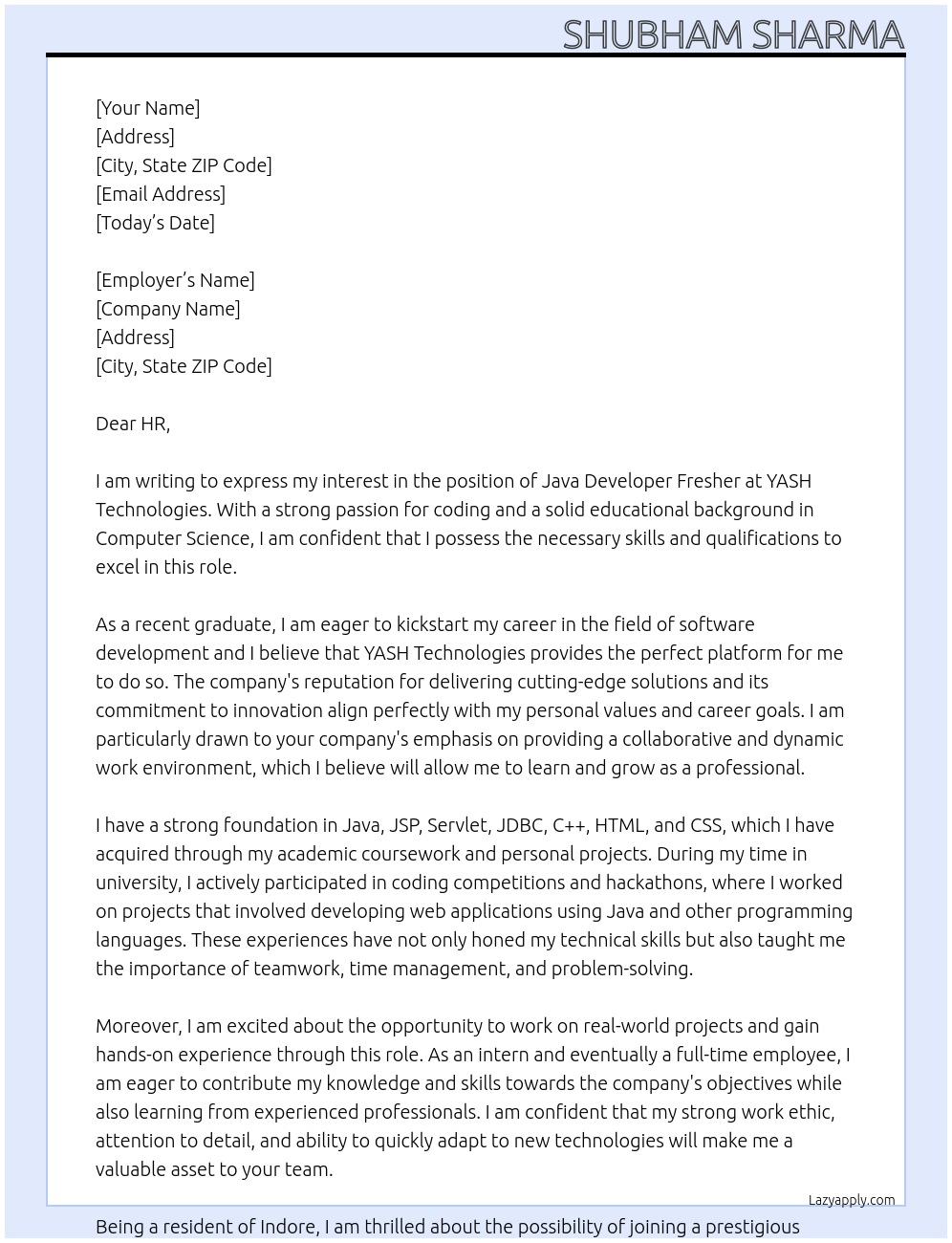 Cover letter for java developer  fresher - LazyApply