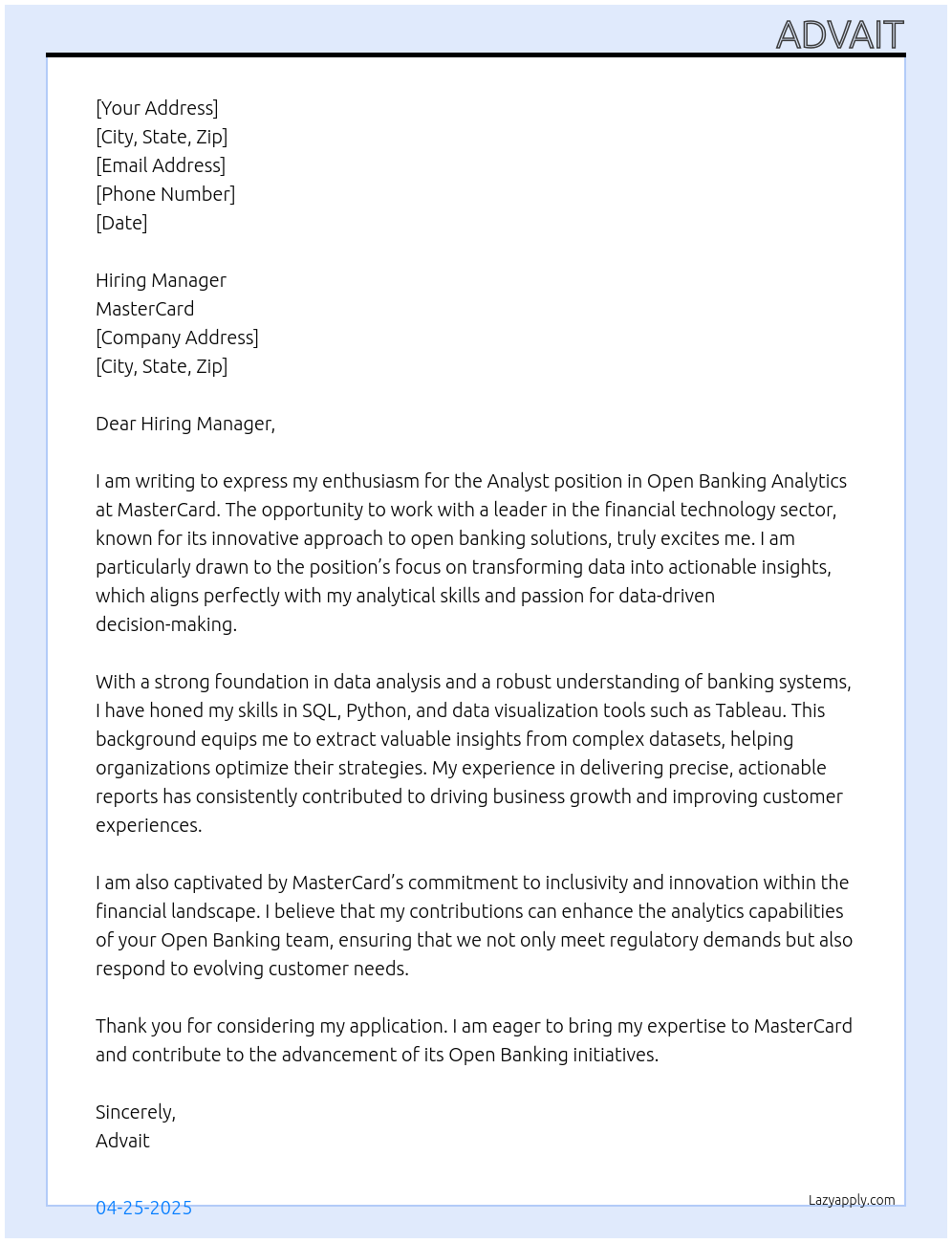 Analyst, Open Banking Analytics At MasterCard Cover Letter