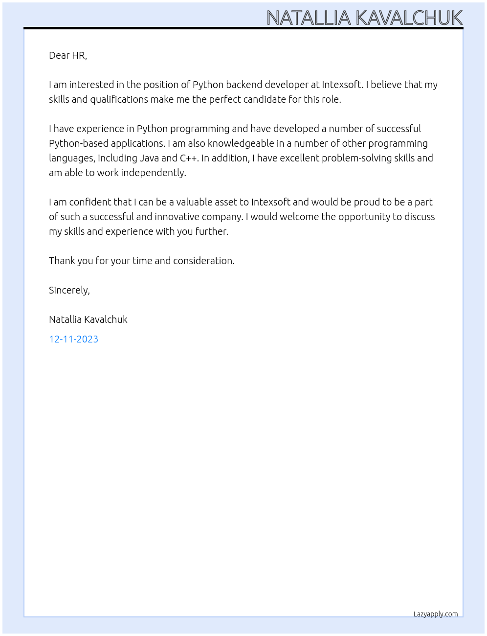 Python backend developer At Intexsoft Cover Letter