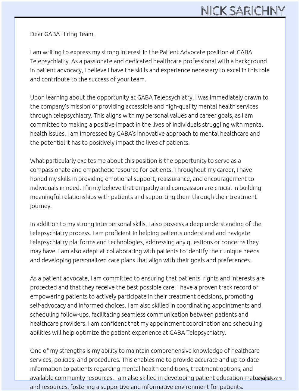 Patient Advocate At GABA Telepsychiatry Cover Letter