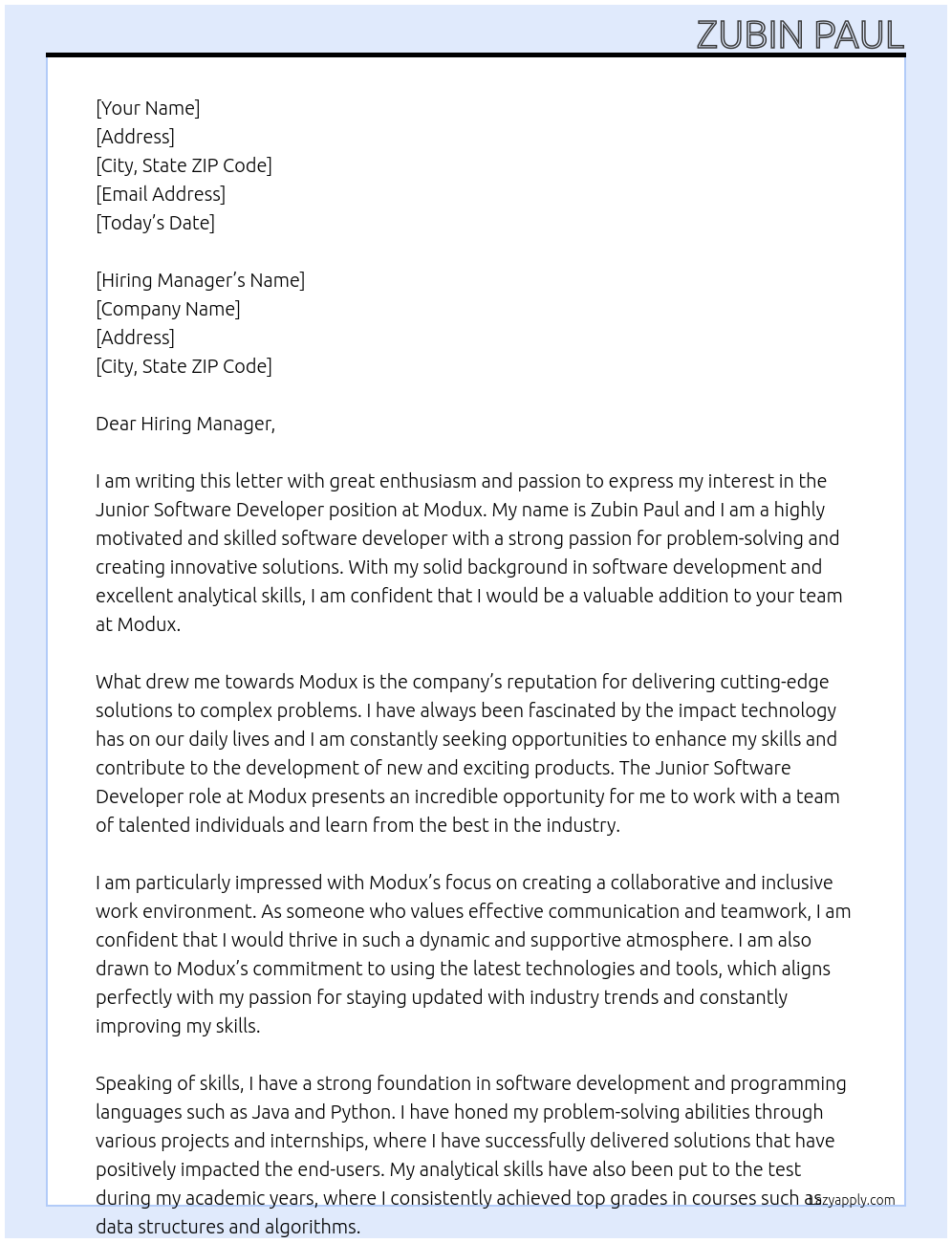 Junior Software Developer At Modux Cover Letter