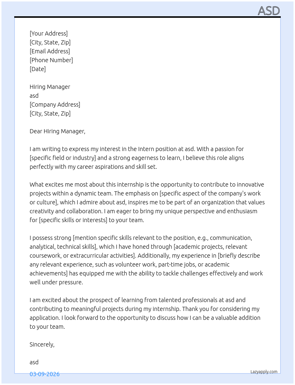 Cover letter for intern - LazyApply