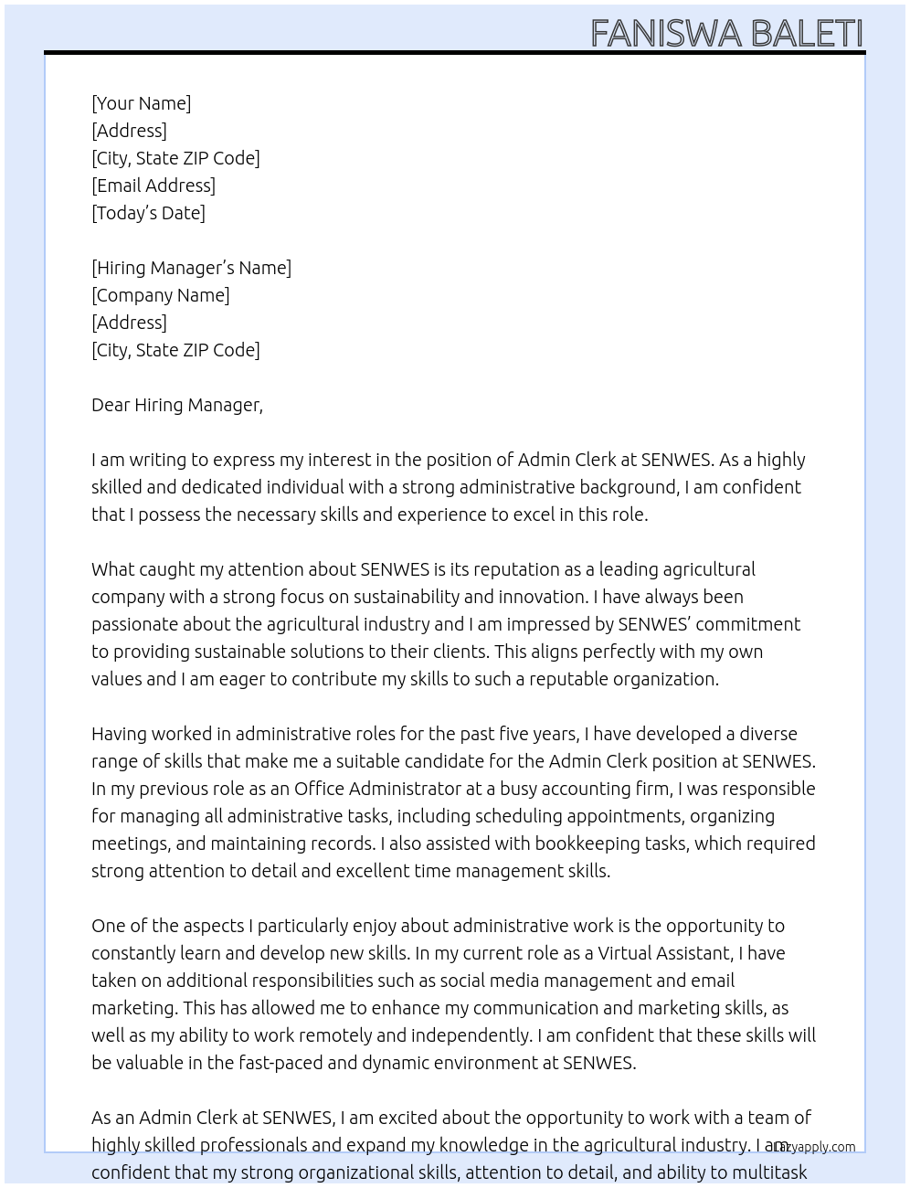 ADMIN CLERK At SENWES Cover Letter