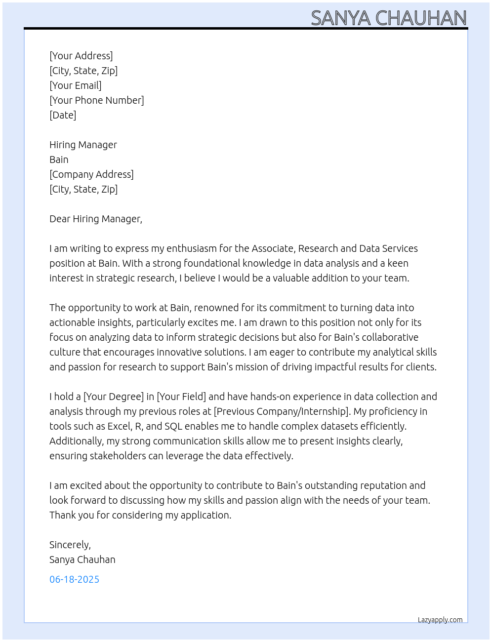 Associate, Research and Data Services At Bain Cover Letter