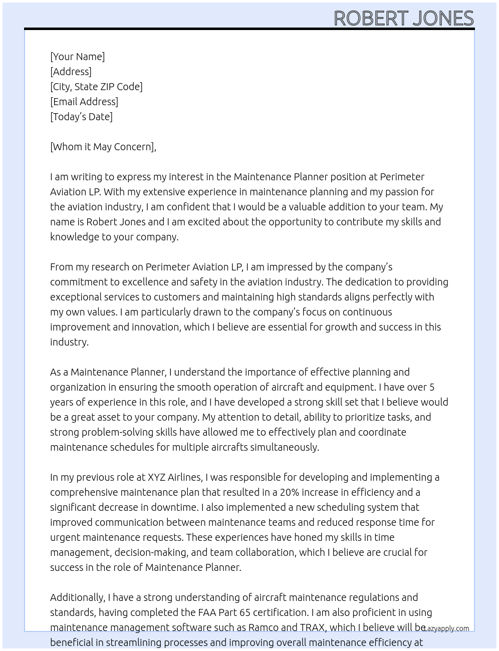 Maintenance Planner At Perimeter Aviation LP Cover Letter