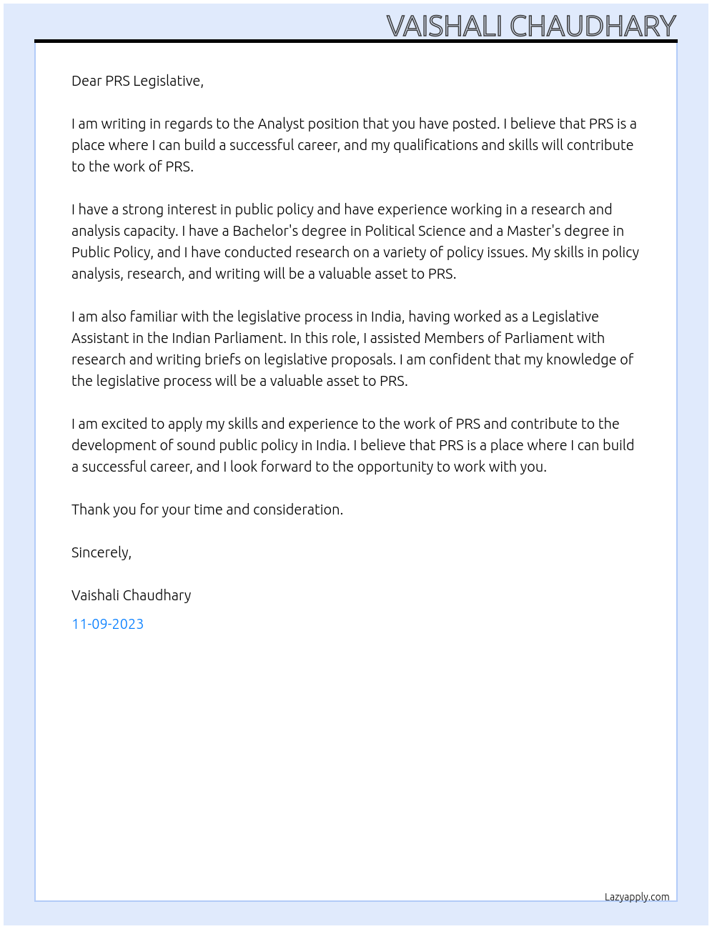 Analyst At PRS Legislative Cover Letter