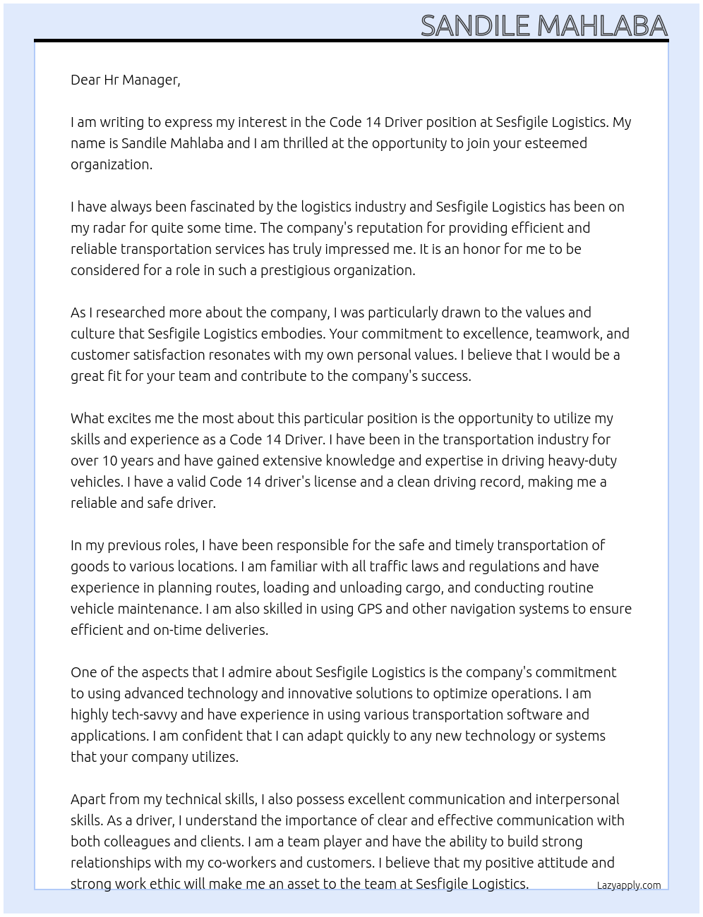 Code 14 Driver At Sesfigile Logistics Cover Letter