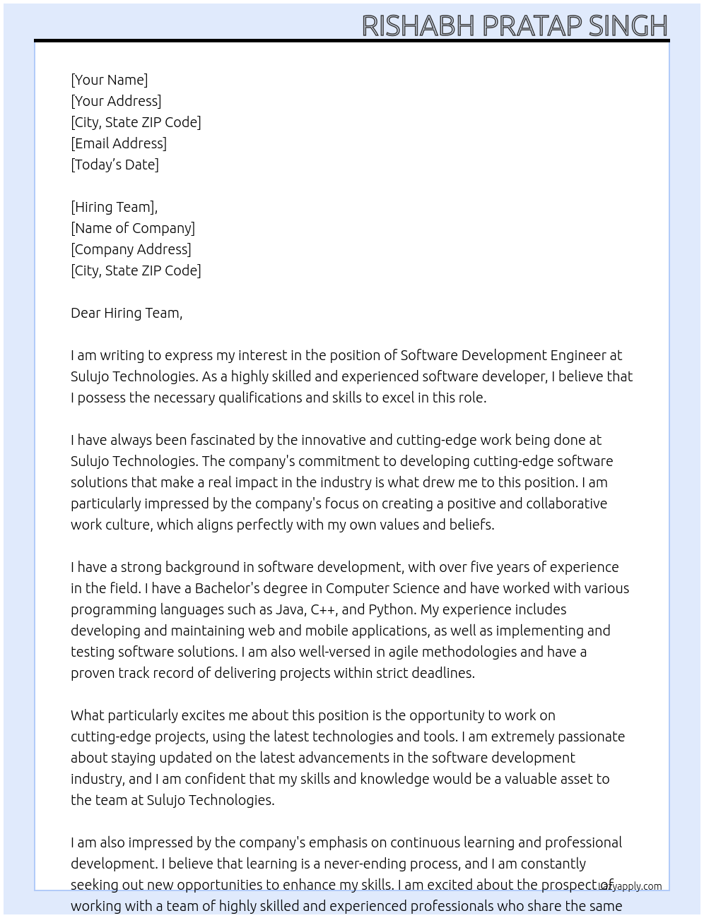 Software Development Engineer At Sulujo Technologies Cover Letter