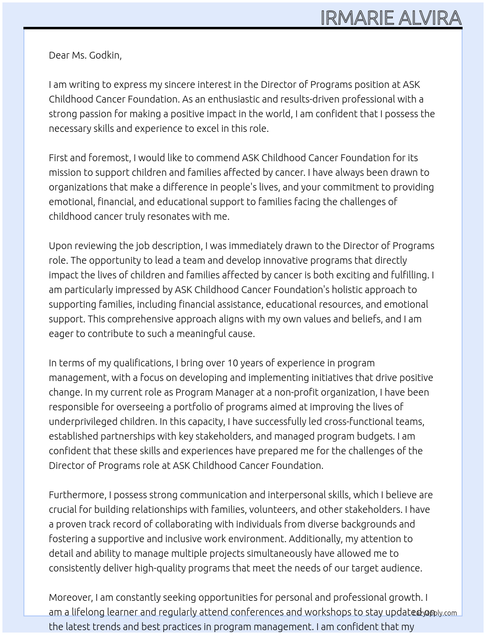 Director of Programs At ASK Childhood Cancer Foundation Cover Letter