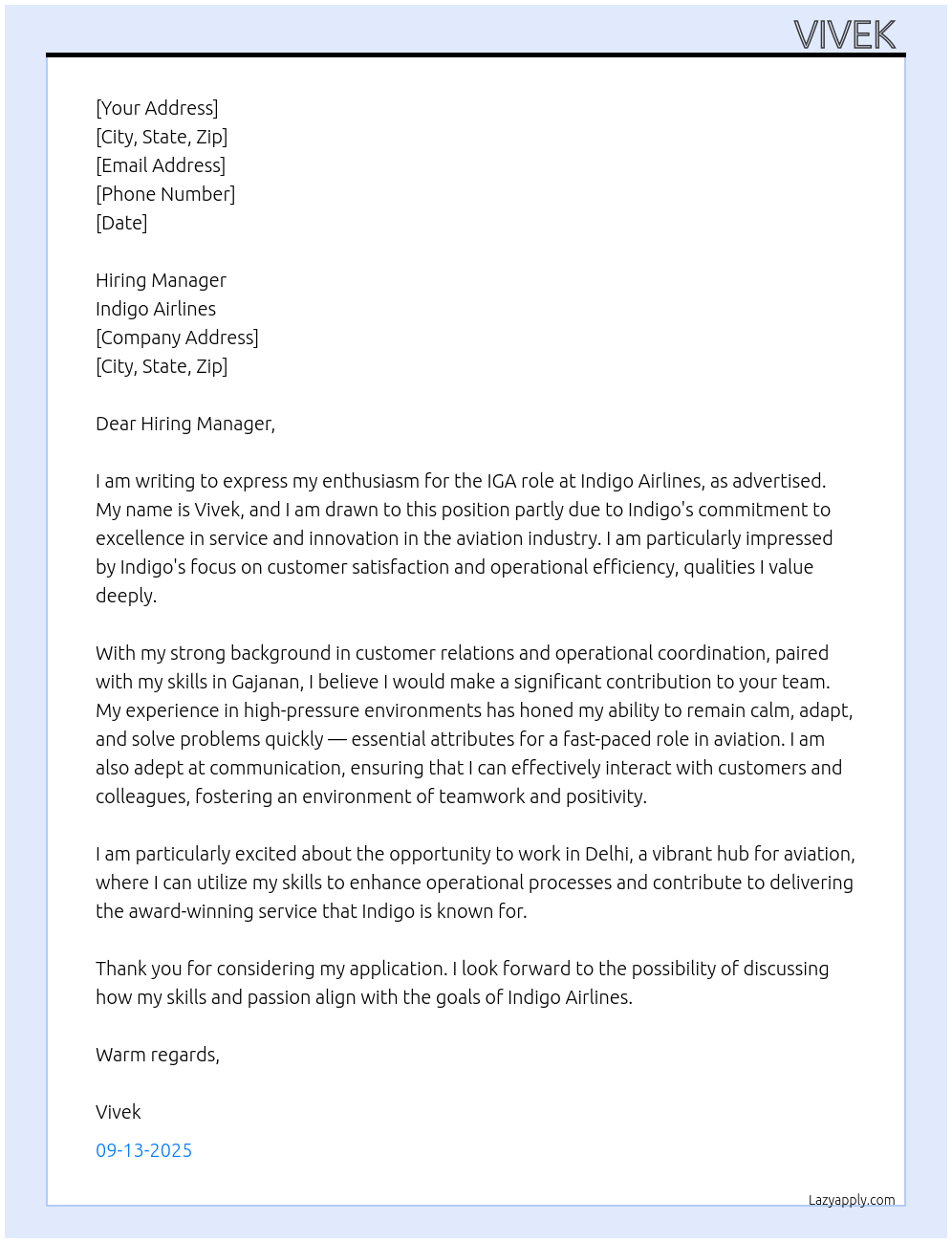 Cover letter for indigo airlines - LazyApply