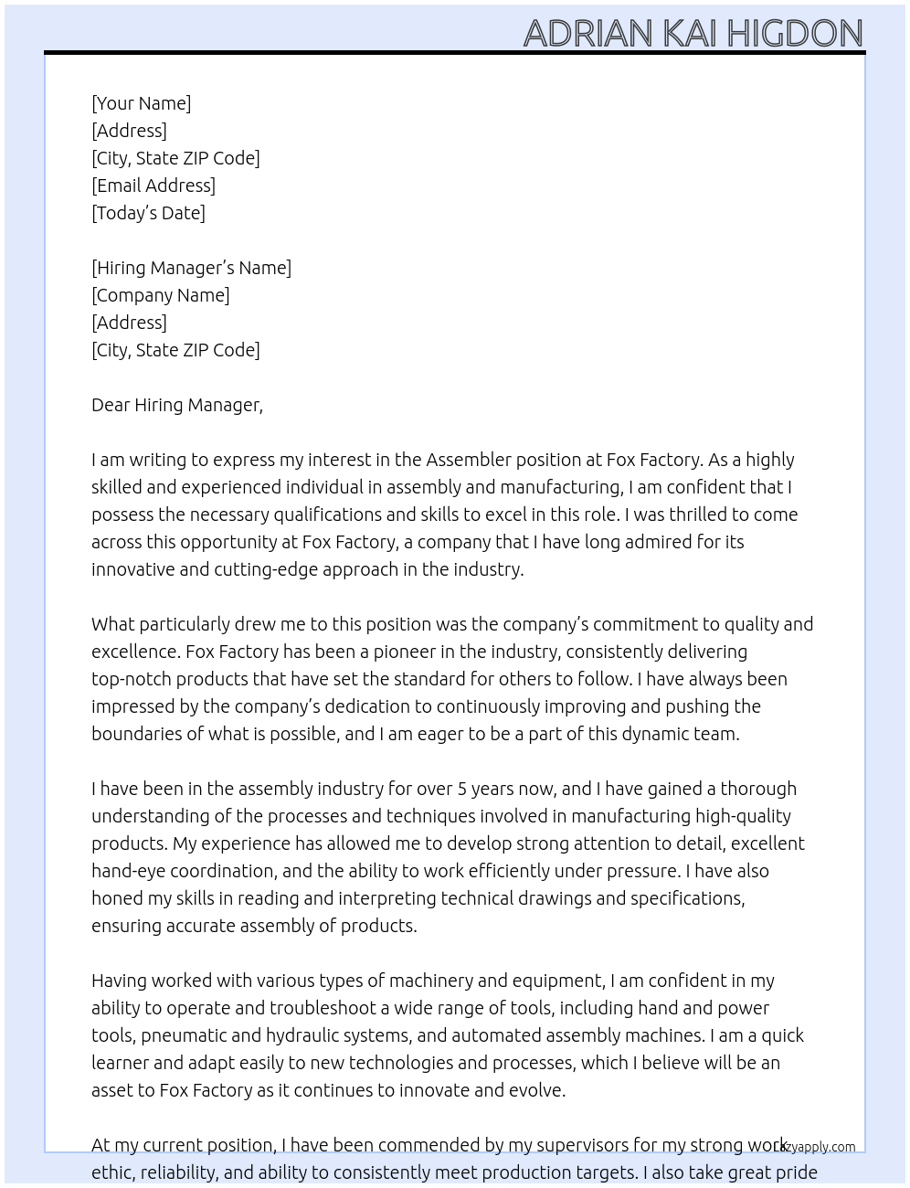 Assembler At Fox Factory Cover Letter